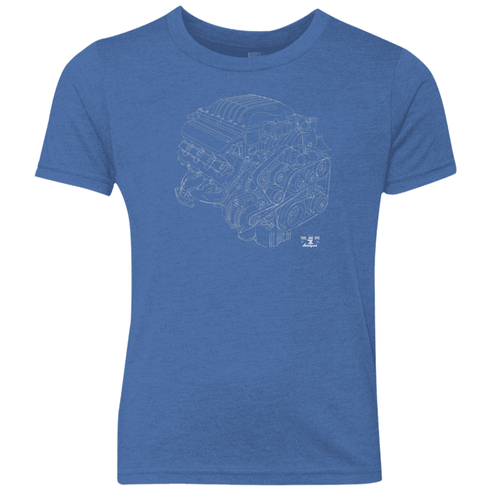 engine blueprint illustration like a hellcat kids tri-blend shirt