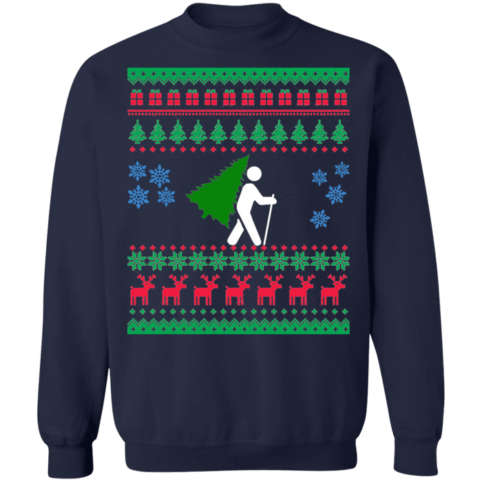 Hiker with Christmas Tree ugly holiday sweater sweatshirt