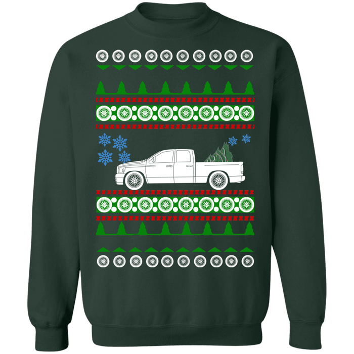 american car or truck like a  Ram 1500 3rd gen ugly christmas sweater