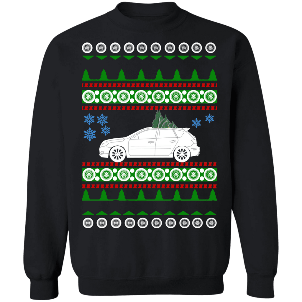 Car like a Mazda Speed 3 Ugly Christmas sweater Sweatshirt 2007 updated tree and wheels
