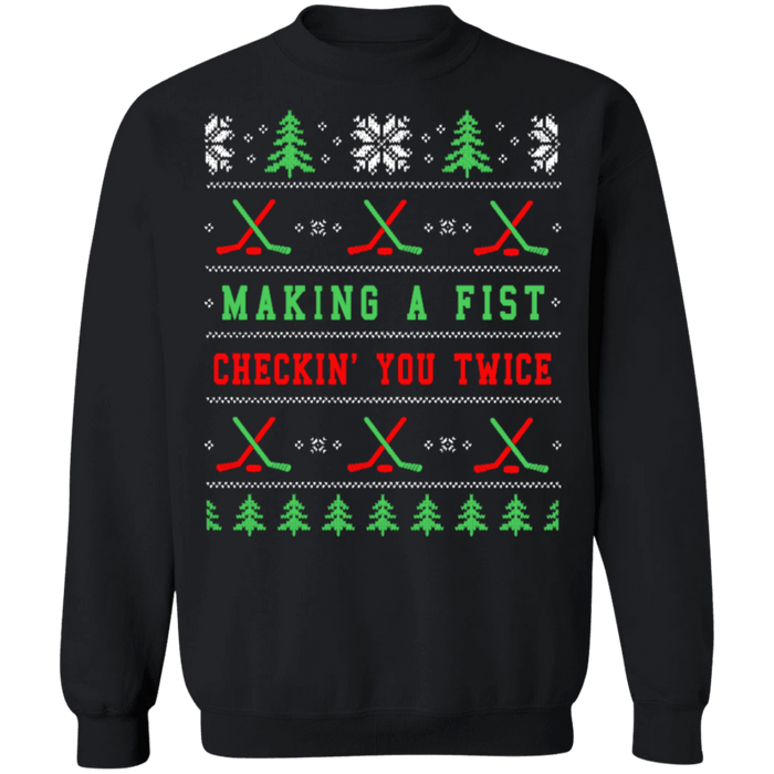 Funny Hockey Ugly christmas sweater making a fist and checking you twice