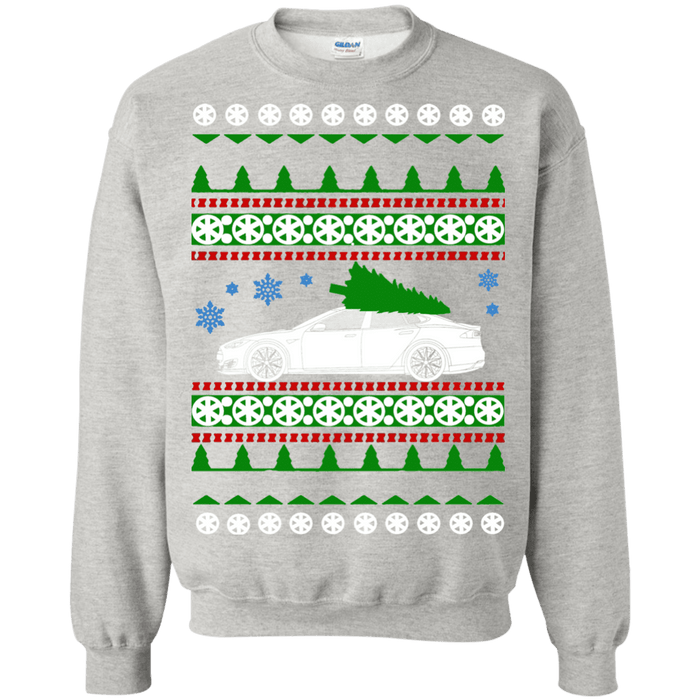 Electric Car Tesla Model S new Ugly Christmas Sweater green tree sweatshirt