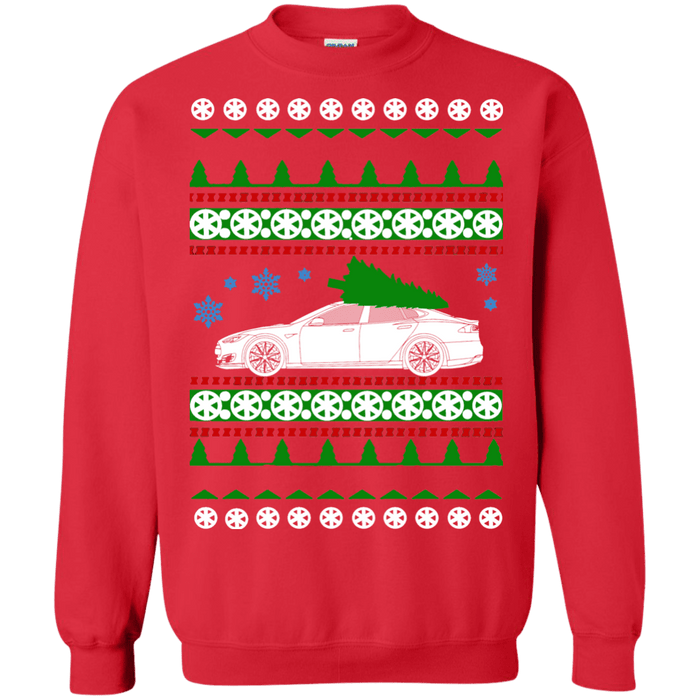 Electric Car Tesla Model S new Ugly Christmas Sweater green tree sweatshirt