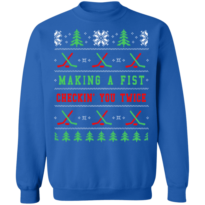 Funny Hockey Ugly christmas sweater making a fist and checking you twice