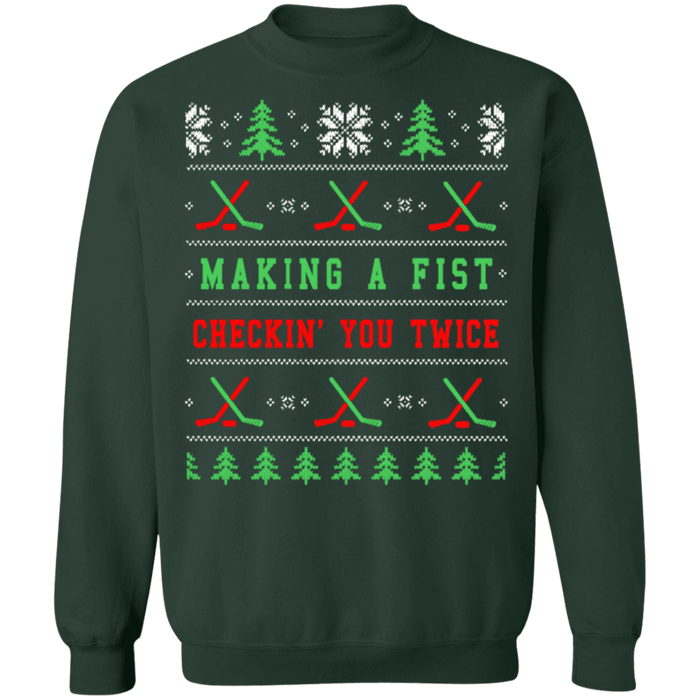 Funny Hockey Ugly christmas sweater making a fist and checking you twice