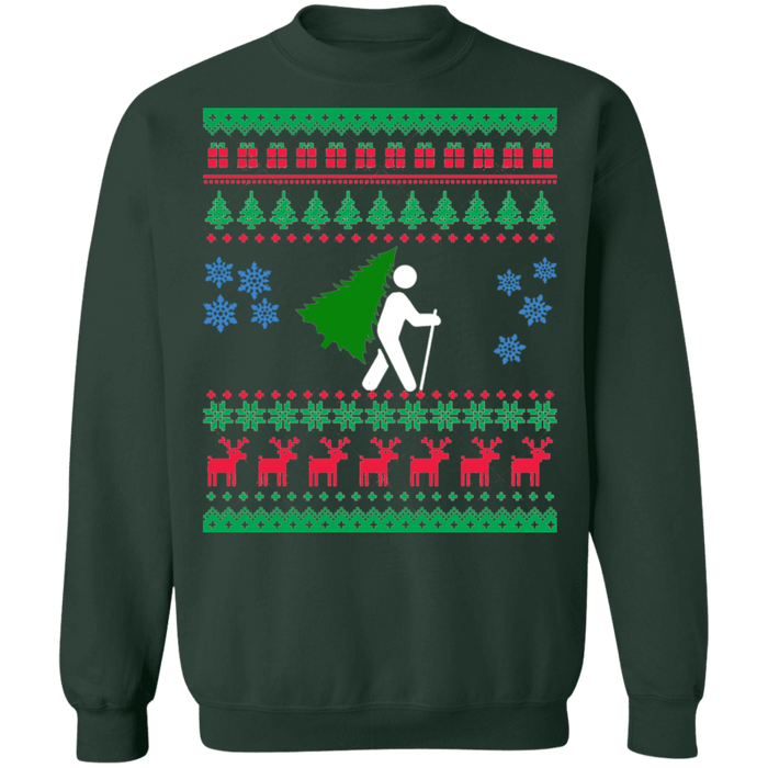 Hiker with Christmas Tree ugly holiday sweater sweatshirt