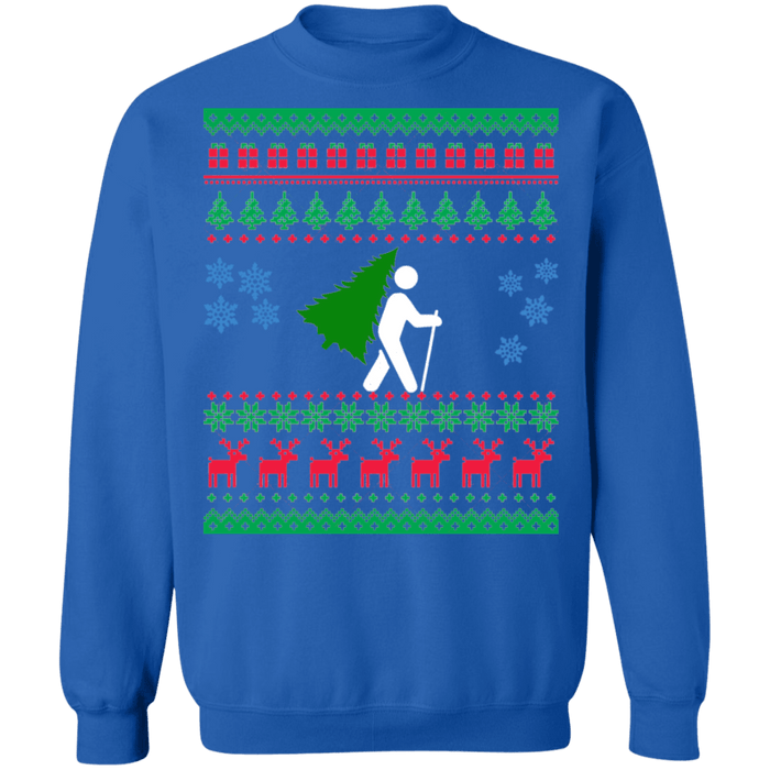 Hiker with Christmas Tree ugly holiday sweater sweatshirt