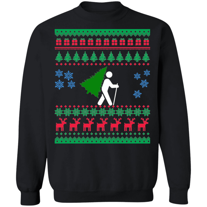 Hiker with Christmas Tree ugly holiday sweater sweatshirt