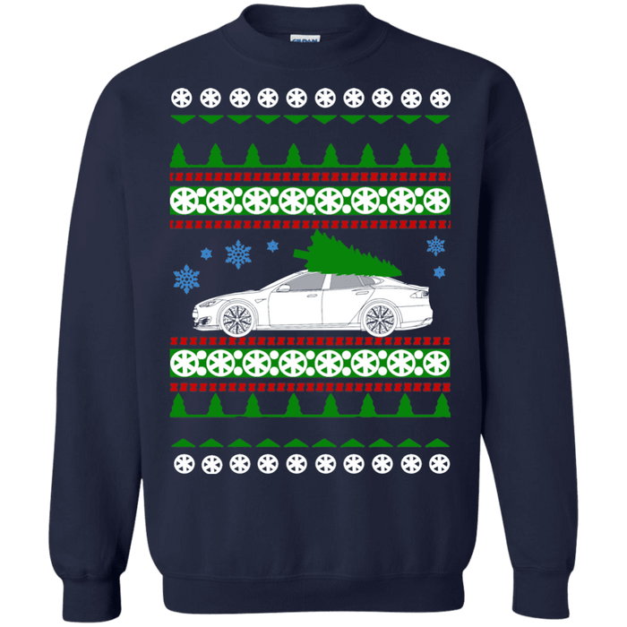 Electric Car Tesla Model S new Ugly Christmas Sweater green tree sweatshirt