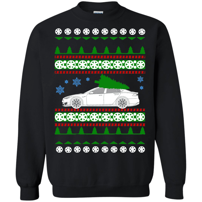 Electric Car Tesla Model S new Ugly Christmas Sweater green tree sweatshirt