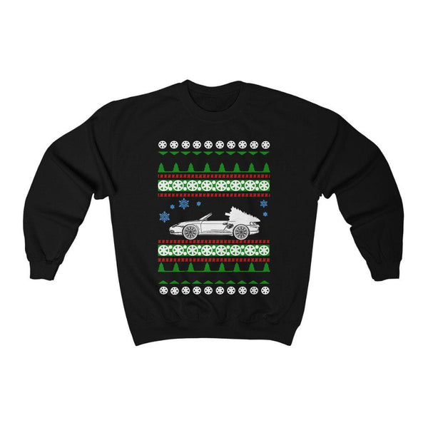 German car like a Boxster white tree ugly christmas sweater