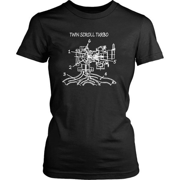 T&D Illustration Series- Twin Scroll Turbo Womens T-shirt front and rear print